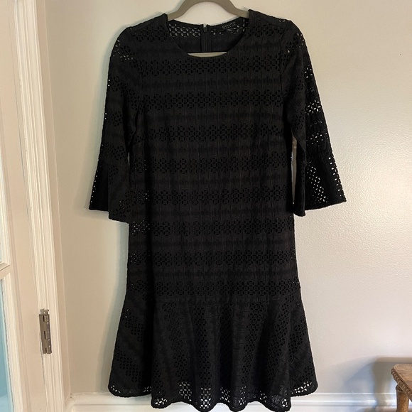 ALL SAINTS "Dakota" Black Eyelet Lace Ruffled Bell-Sleeved Dress Size 4 - Picture 2 of 9